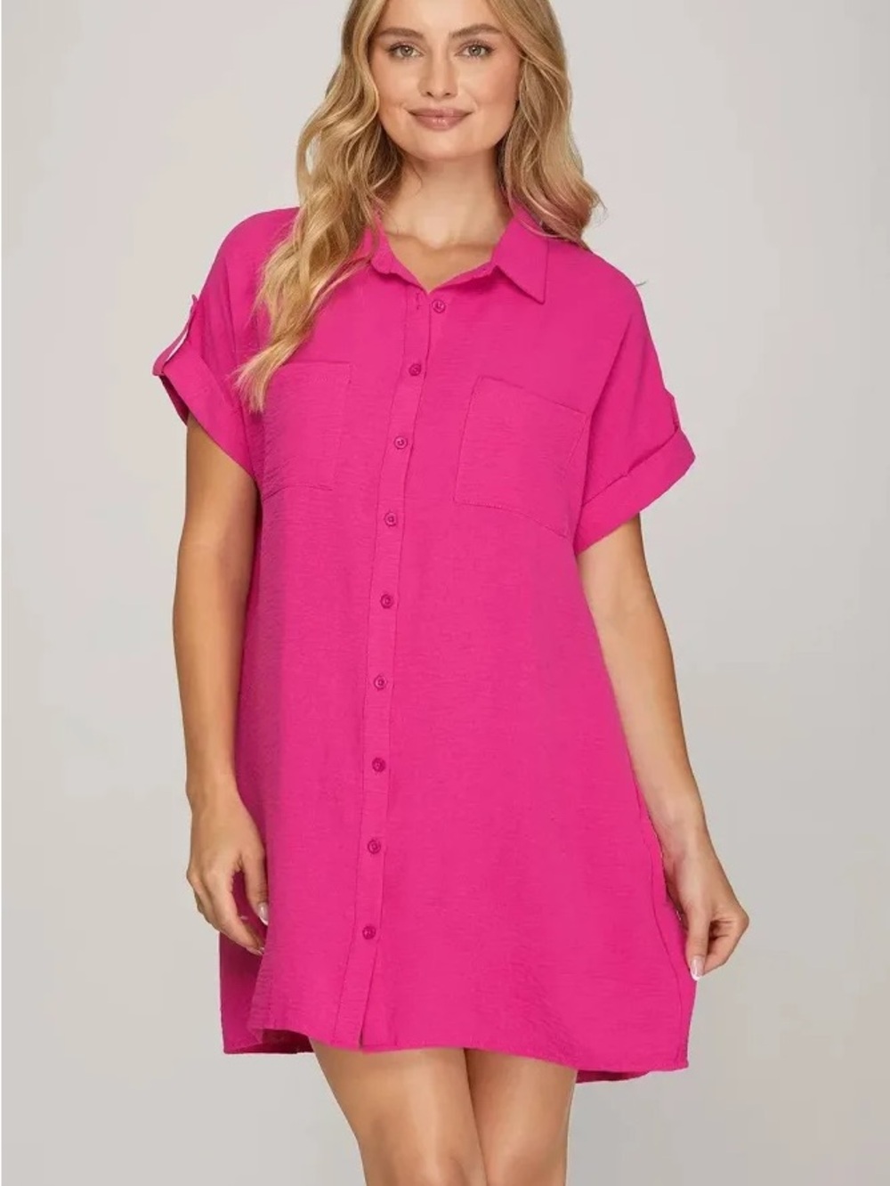 She + Sky Hot Pink Button-Front Shirt Dress
